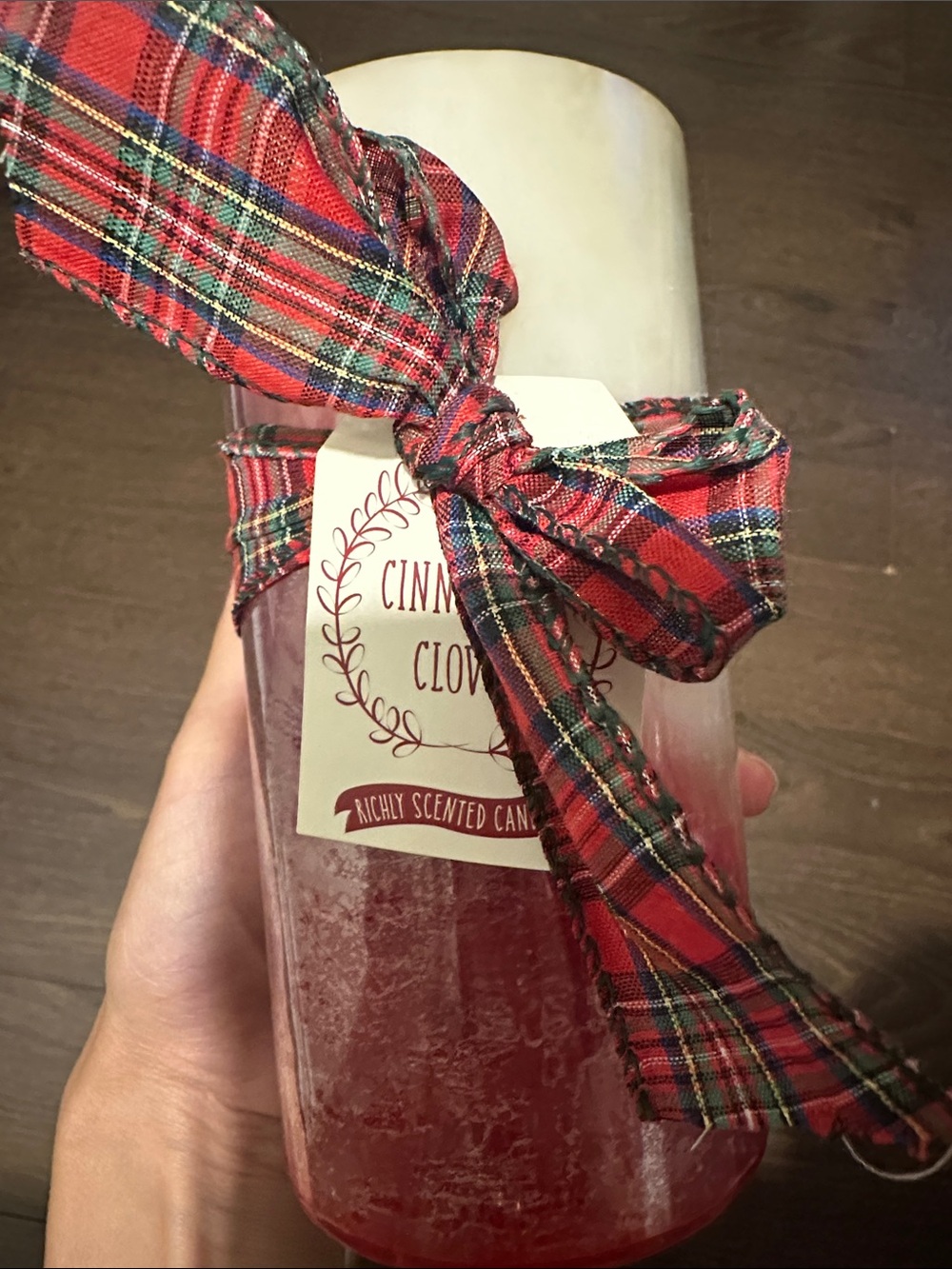 Scented Red Candle Cinnamon Clove with Plaid Ribbon